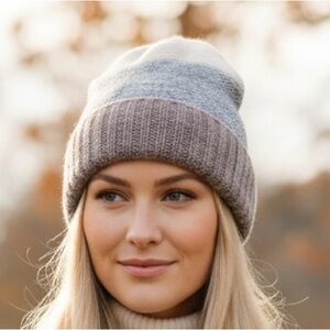 HANSEN | Women’s Colorblock 100% Pure Wool Cream Gray Brown Winter Knit Hat OS